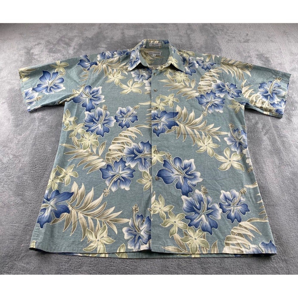 Via Veneto Mens Large Floral Hibiscus Hawaiian Shirt Blue‎ Green Cotton 950398
